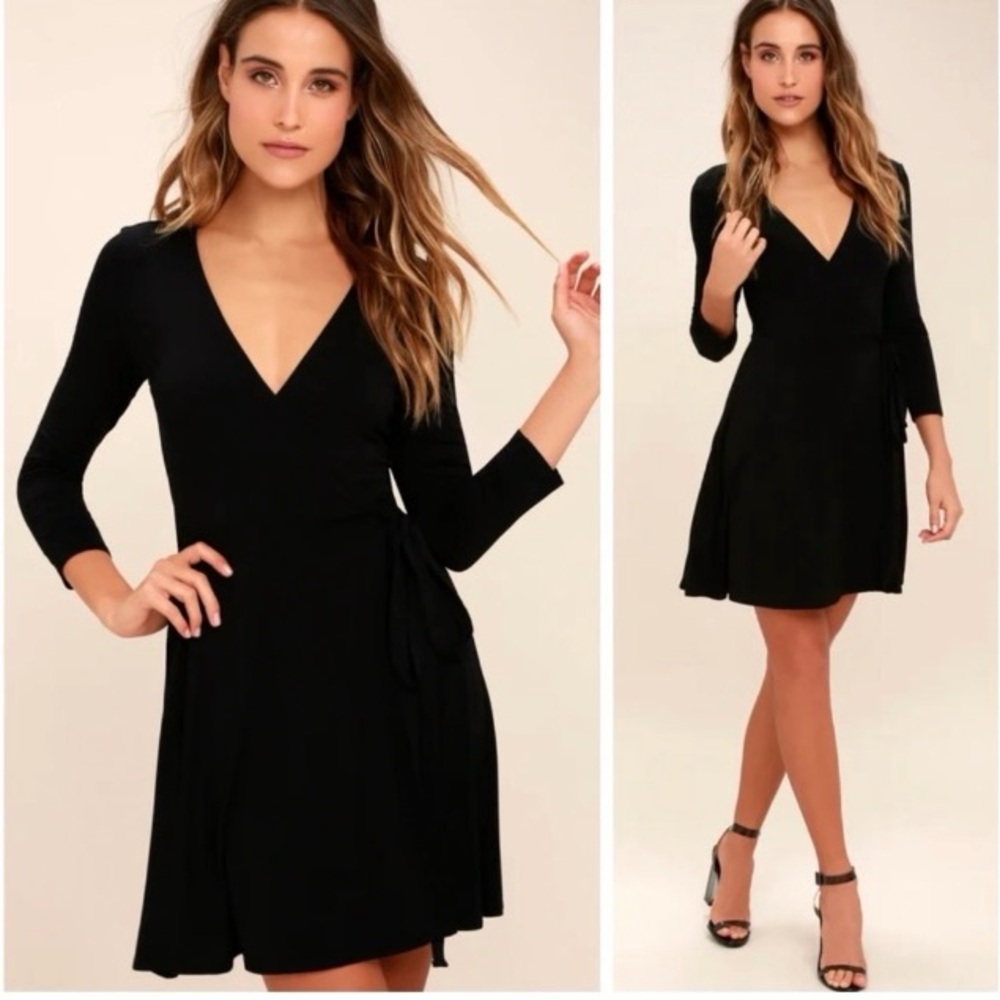Indigenous Soft 100% Organic Cotton Faux Wrap Dress Sz S Black Midi Long Sleeves